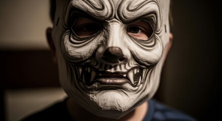 Obraz premium Child in a creepy paper mask, Evil Halloween mask