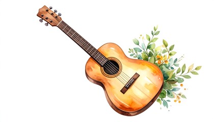 Watercolor illustration of a guitar with floral accents