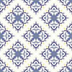 Seamless blue Moroccan tile pattern with floral ceramic motif. Perfect for wallpapers, fabrics, and digital prints.