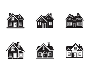 Variety of black and white house icons offering different architectural styles and design elements for real estate or construction projects