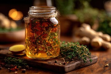 Jar of herbal infused liquid, thyme sprigs visible