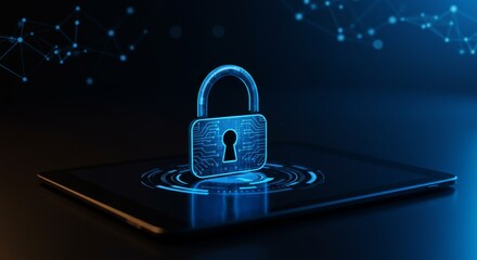 Security Lock on Tablet - A glowing blue lock icon rests on a tablet, symbolizing online security and data protection