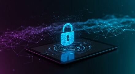 Security on Tablet - Glowing blue padlock icon hovers above a tablet, symbolizing online data protection and cybersecurity
