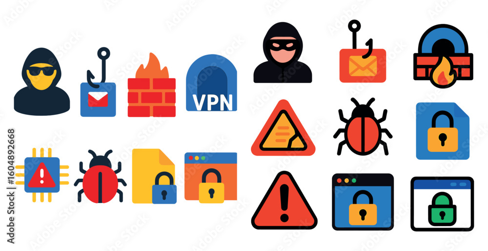 Poster collection of icons for computer security and privacy. the icons include a key, a lock, a fire, a bu