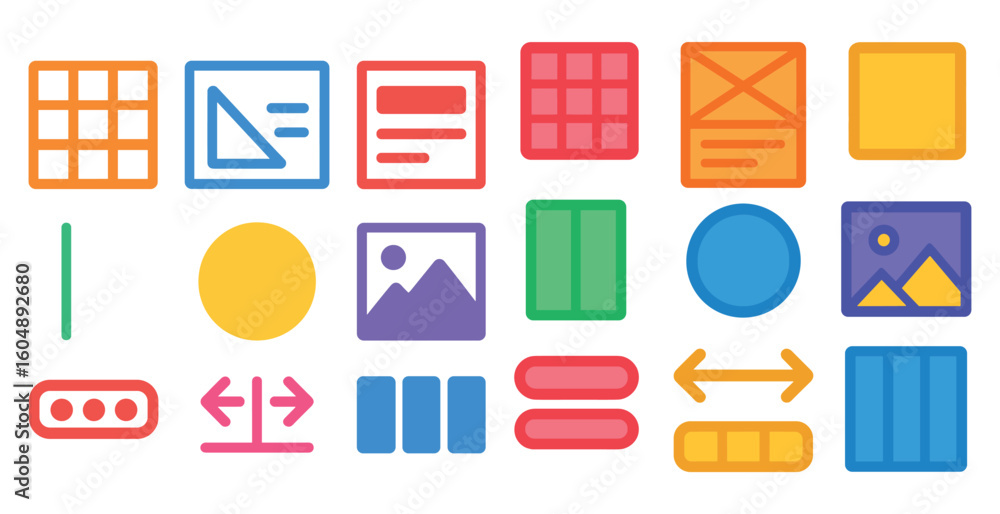 Poster collection of icons for different shapes and sizes. some of the icons are labeled with words like 