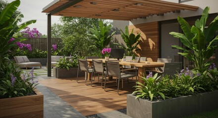 Fototapeta premium Serene Outdoor Patio Workspace - Tranquil patio workspace, blending nature and work. Wooden accents, tropical plants, and comfortable seating create a relaxing atmosphere for productivity.