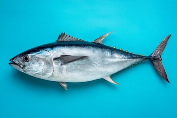 Obraz premium Isolated Yellowfin Tuna Fish against a Bright Aqua Background, Overhead View