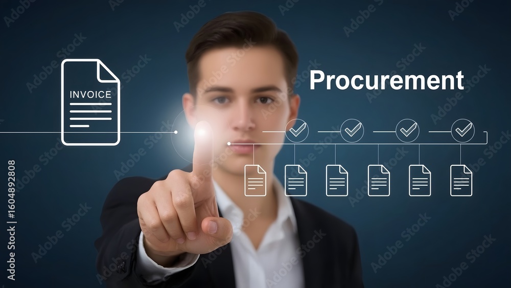 Aufkleber touchless digital procurement workflow concept showing a hand selecting invoice documents with verif