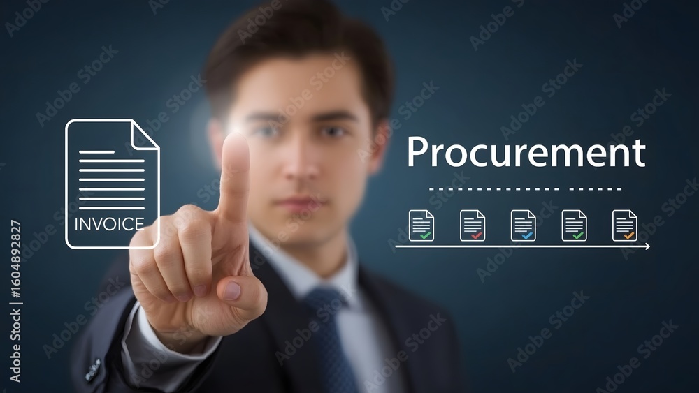 Poster touchless digital procurement workflow concept showing a hand selecting invoice documents with verif