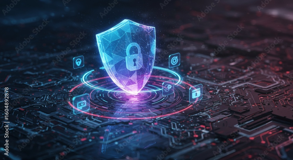 Poster shield protection system - futuristic glowing shield icon with lock symbol, representing cybersecuri