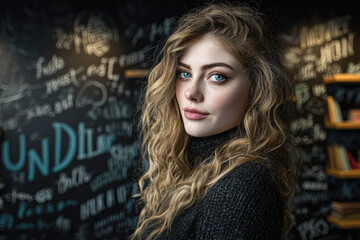 Fototapeta premium A young woman with curly hair and blue eyes poses confidently against a chalkboard wall covered with artistic writing and doodles.