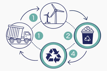 Circular economy diagram showing truck, wind turbines, waste bin and recycling symbol in circles