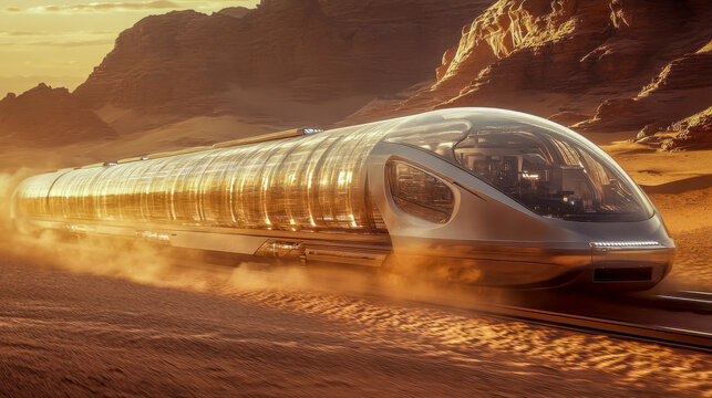 A sleek vacuum train speeds through a transparent tunnel, stirring up dust in a vast desert landscape. The golden hour sunlight creates a breathtaking backdrop for this innovative transport