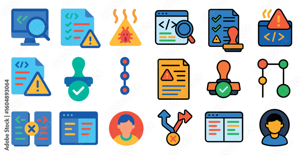 Poster collection of icons for various computer-related tasks, including checking for bugs, checking for vi