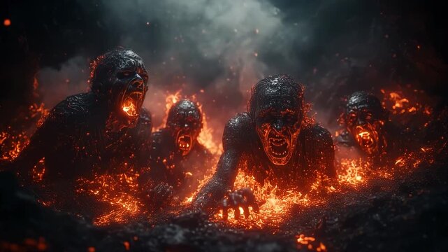 Fiery demon rising from flames, atmosphere in hell