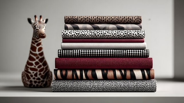 A stack of fabric samples with various animal print and pattern designs.