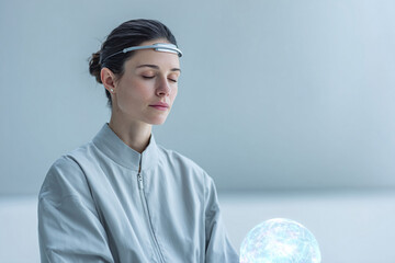 Woman in futuristic attire wearing a brainwave sensor, meditating with eyes closed. Concept innovation, technology, mindfulness, AI, future, wellness. Use for tech, health, or lifestyle visuals.