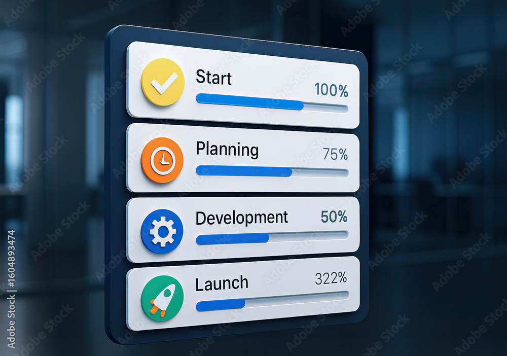Poster project progress bar with start, planning, development, and launch stages showing different completi