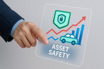 Asset safety concept with hand pointing at transparent screen showing car, shield with lock, and growth chart, symbolizing protection and increasing value of assets in business