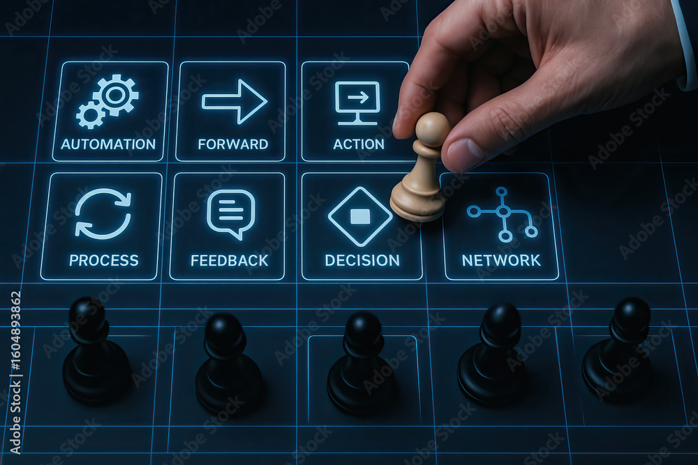 Aufkleber decision making concept with chess pawn and digital interface showing automation, forward, action, p