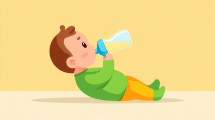 Baby Drinking From Bottle While Lying on Back in Colorful Setting