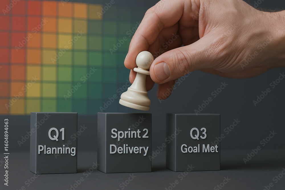 Poster sprint 2 delivery concept with hand holding chess pawn over black block, business strategy and proje