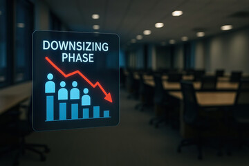 Downsizing phase concept with declining bar chart and human icons in dark empty office, symbolizing workforce reduction and business contraction in corporate environment