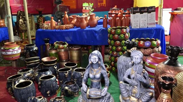 4K Vibrant Display of Traditional Pottery and Handicrafts at Cultural Market