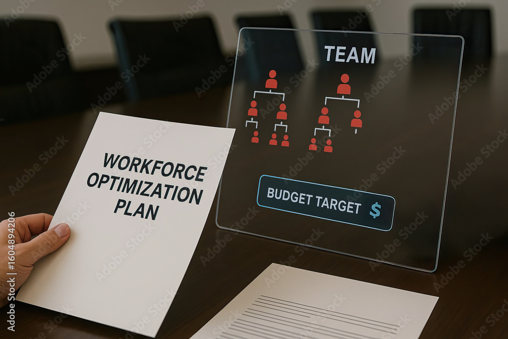 Poster workforce optimization plan document held by hand with digital team structure and budget target symb