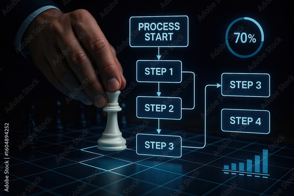 Poster hand holding chess pawn with digital process flowchart and progress bar, symbolizing strategic plann