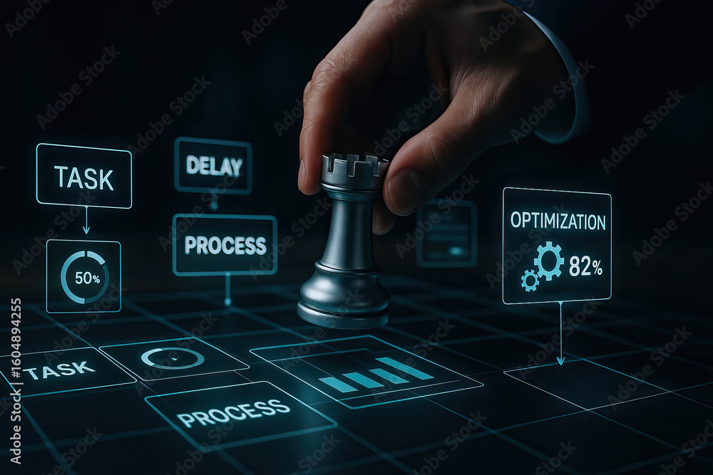 Poster business strategy concept with chess rook piece and digital interface showing task, process, delay, 