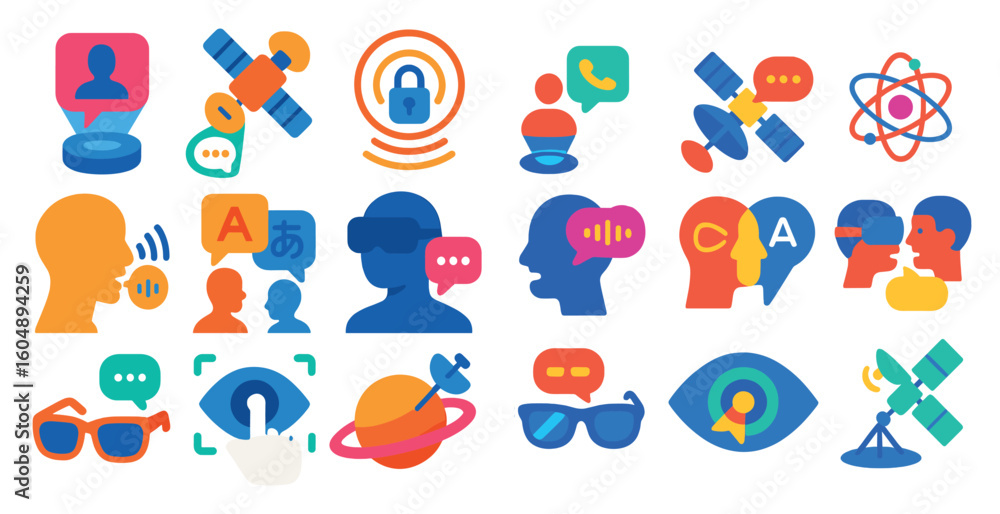 Poster collection of icons for various communication devices and apps. the icons include a person talking o