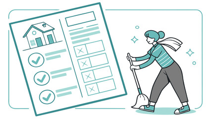 A person with a mop is checking off items on a house inspection checklist signifying a clean and organized property