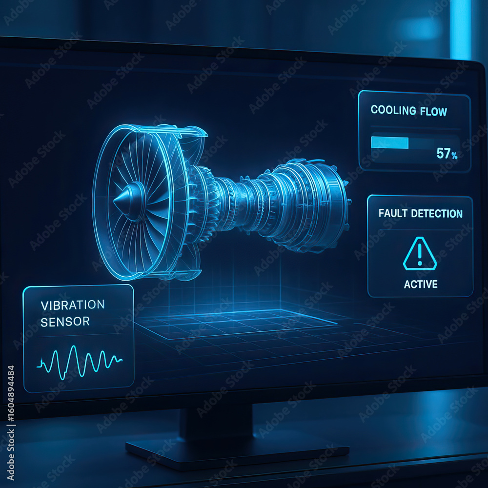 Aufkleber jet engine hologram displayed on computer screen with vibration sensor, cooling flow, and fault dete