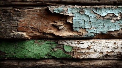 Peeling paint on weathered wooden planks.