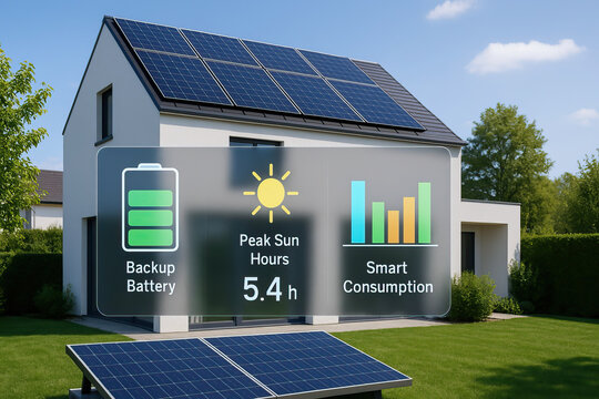 Solar panel system on modern house roof with backup battery, peak sun hours, and smart consumption icons overlay, representing sustainable energy and efficient power use - Powered by Adobe