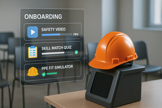 Onboarding process with safety video, skill match quiz, and PPE fit simulator displayed next to orange safety helmet on table in training room setting
