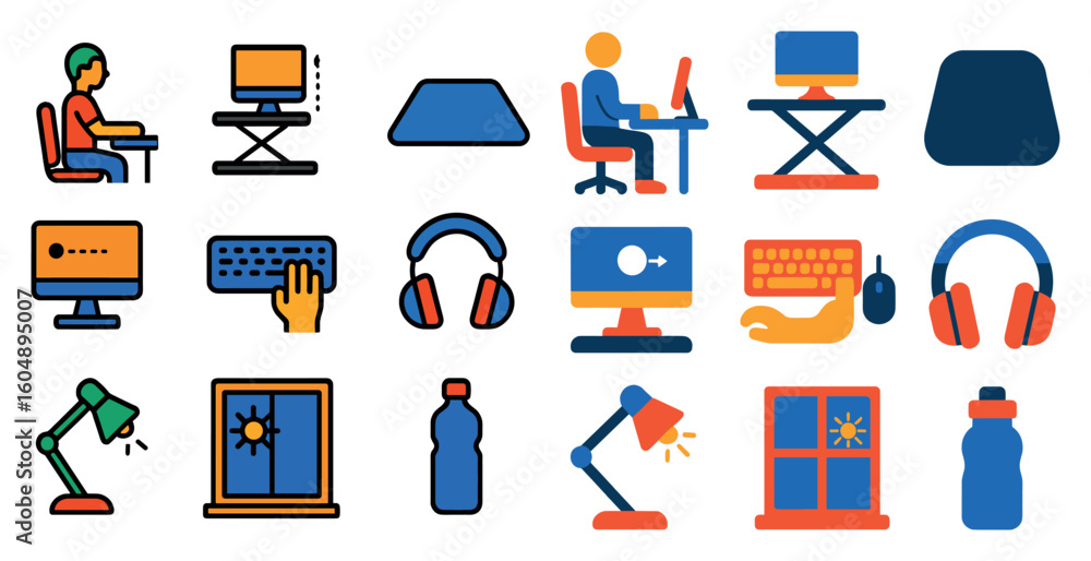 Poster collection of icons for a computer desk, including a keyboard, mouse, and monitor. the icons are arr