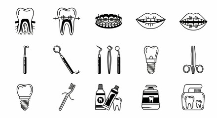 Dental Care and Oral Hygiene Line Icon Set – Tooth Anatomy, Braces, Dental Tools, Implants, Hygiene Products Vector Illustration

