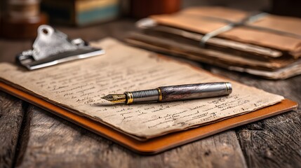 Vintage documents with antique fountain pen on a wooden surface.