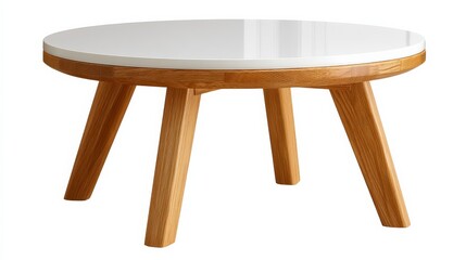 Round Coffee Table with Wooden Legs and White Surface in a Modern Living Room Setting