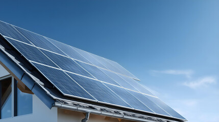 Close-up of one stylish house with high-efficiency solar panels, blue sky clean and minimal reflected