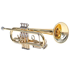 Obraz premium A gleaming golden trumpet with silver accents and valves showcasing its intricate design and polished finish isolated on transparent background