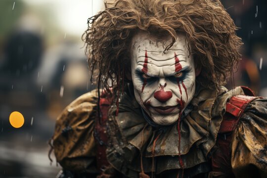 Portrait of a scary clown on a carnival in the rain. Clown in background of amusement park. Horror film. Halloween theme. Evil Clown. Horror movie Concept. Halloween Concept with Copy Space. - Powered by Adobe