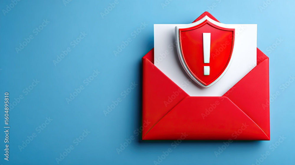 Poster red envelope with white paper and red shield symbol with exclamation mark, alert concept on blue bac