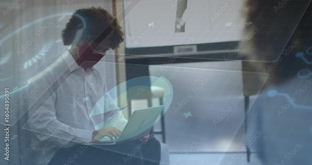 Poster software engineer opening laptop in meeting, typing code and initiating ui overlays for debugging