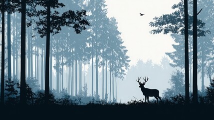 Deer Silhouette in Forest of Evergreen Trees