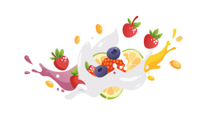 Delicious fruit splash vector illustration with strawberries blueberries and citrus for smoothie design use