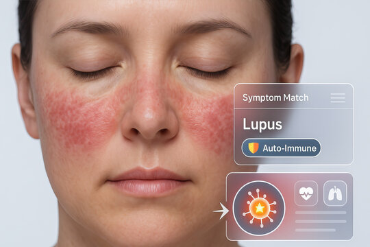 Red rash on face, autoimmune disease symptom, lupus diagnosis, woman with closed eyes, facial skin condition, health concept