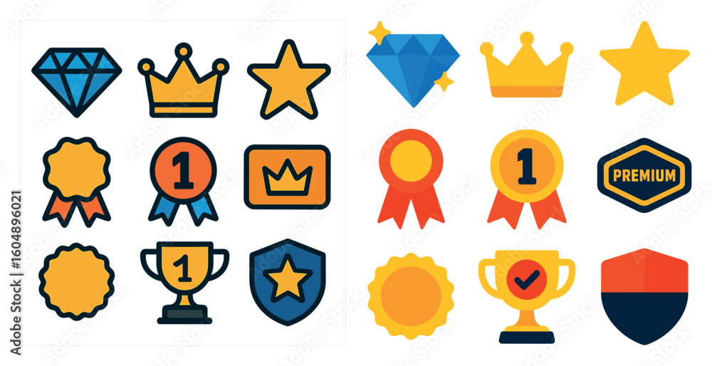 Poster set of symbols that represent different levels of achievement or status. there are several stars, on